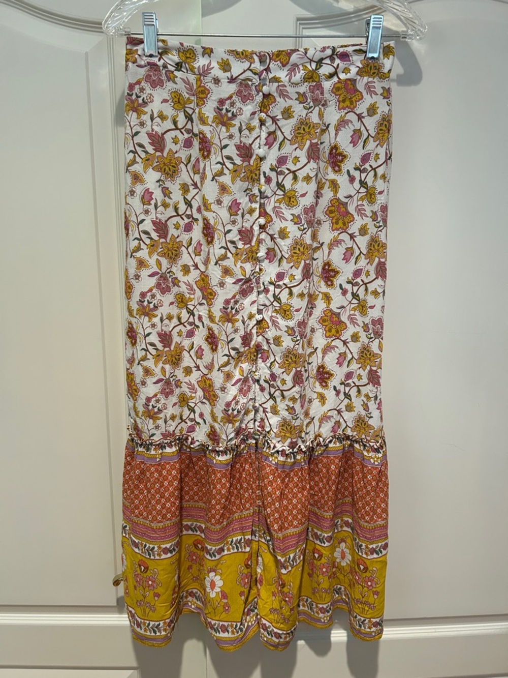 Rachel Zoe White Floral Tiered Maxi Skirt with Yellow & Pink Accents
